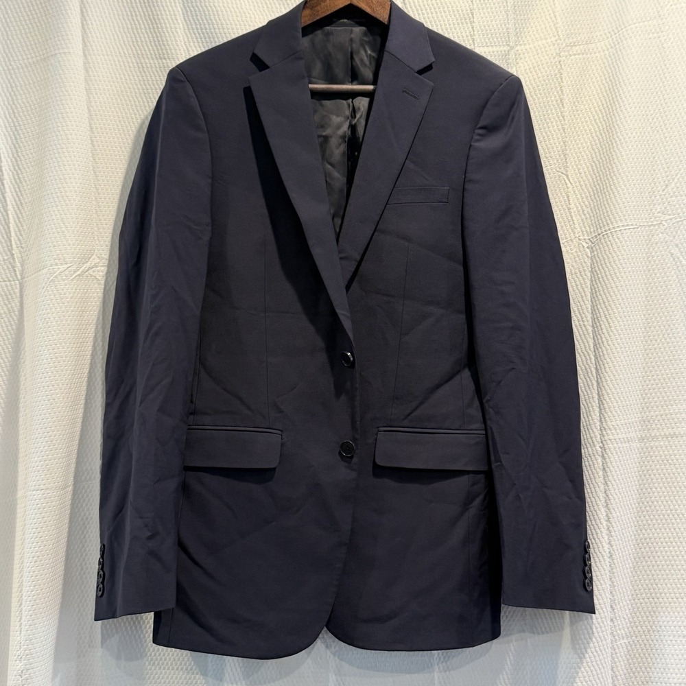 Calvin Klein Mens Slim‎ Fit Wool Suit Jacket Blazer 38 L Navy Blue Solid Stretch